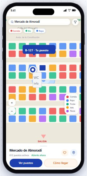 Mapa interactivo con puestos por categoría y tu ubicación.