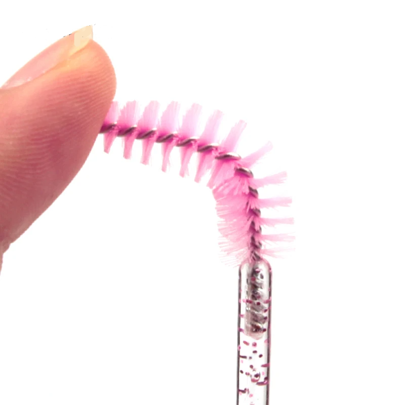 Escovas para cílios rosa cristal com medidas — 9,8cm cabo e 2,5cm cabeça