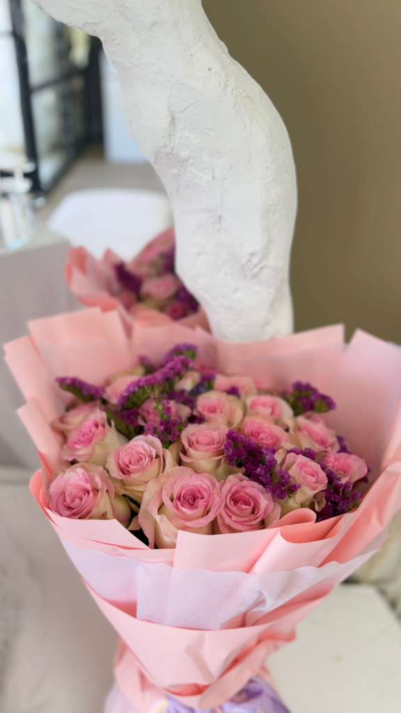 Pink Roses with Purple Statice — view 2