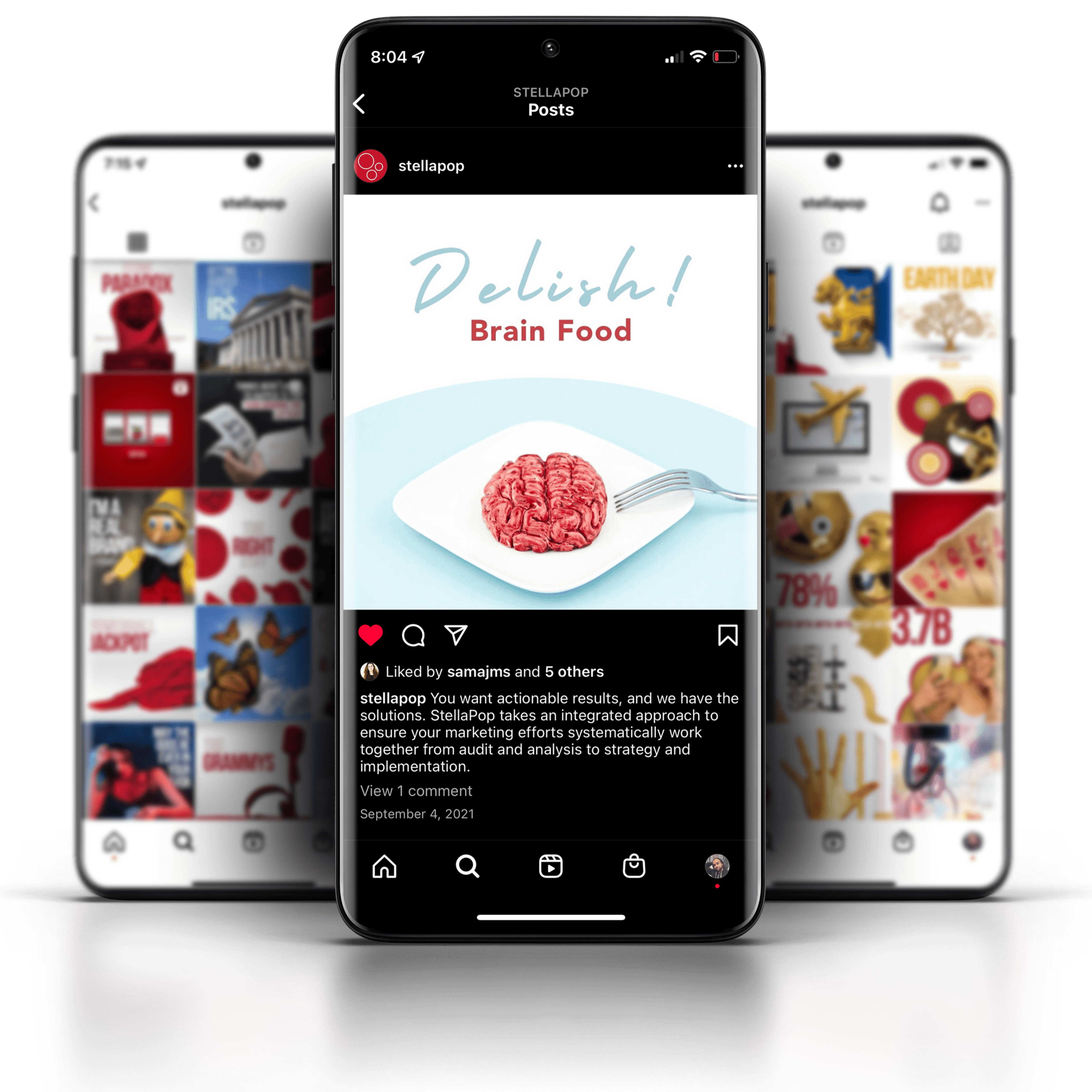StellaPop Instagram phone mockup trio showing Delish Brain Food post flanked by grid profile views