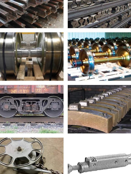 Railway components collage with wheels and rails