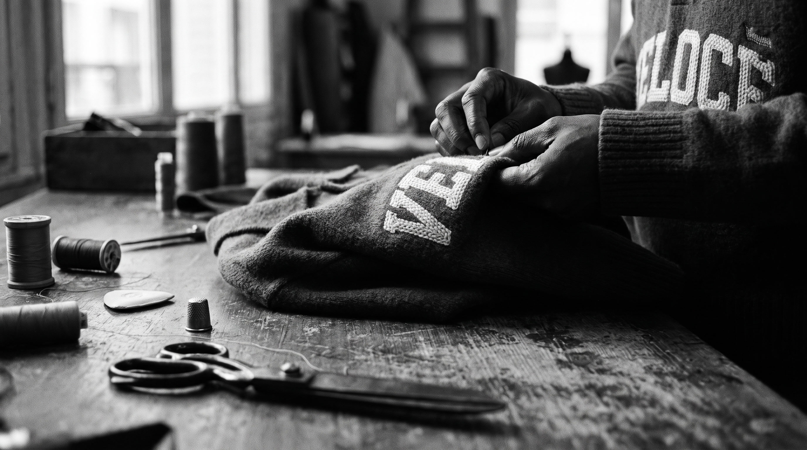 Hands stitching a VELOCÉ sweater in the atelier