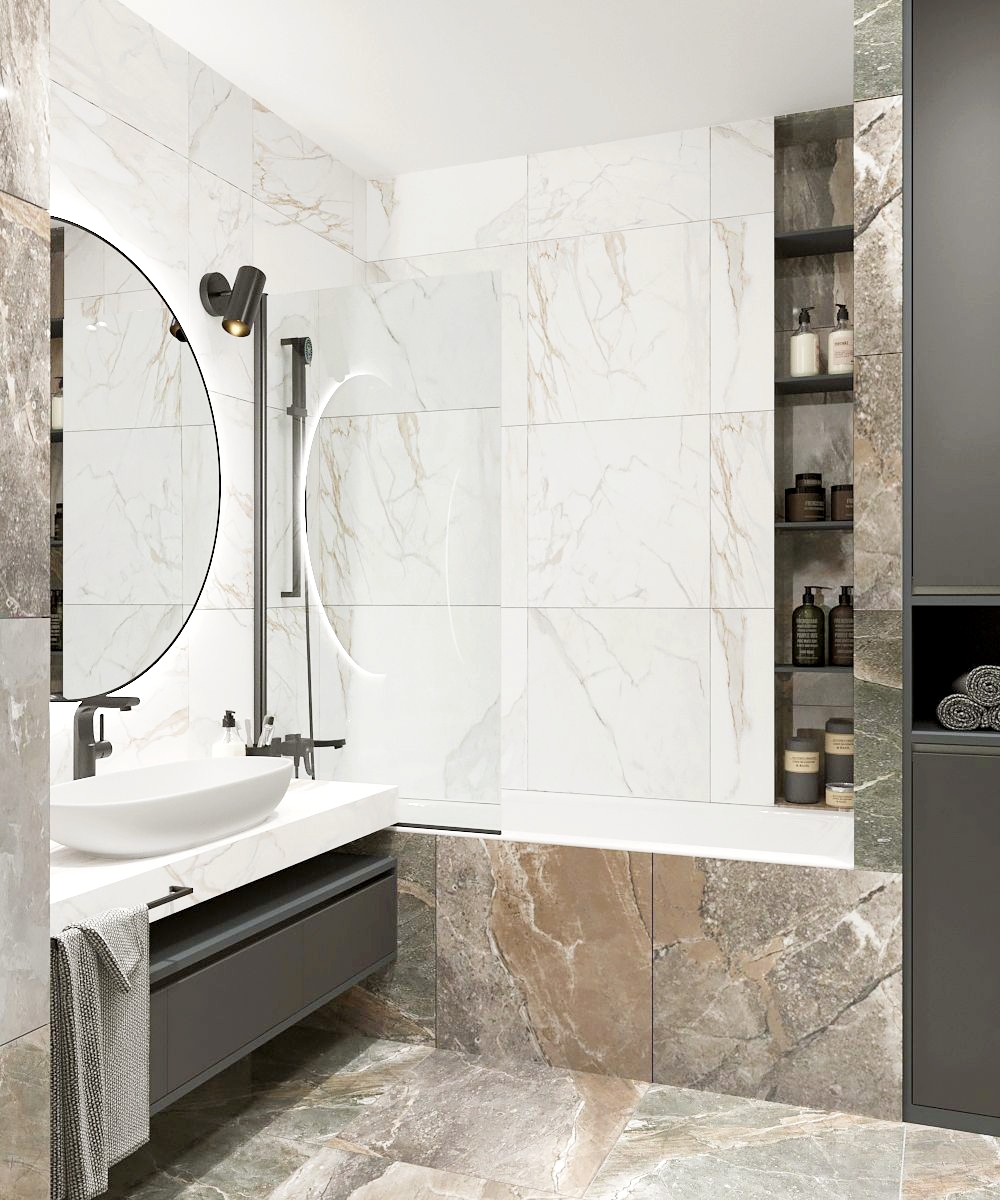 Modern shower with white marble panels, integrated black storage shelves, brass rainfall showerhead
