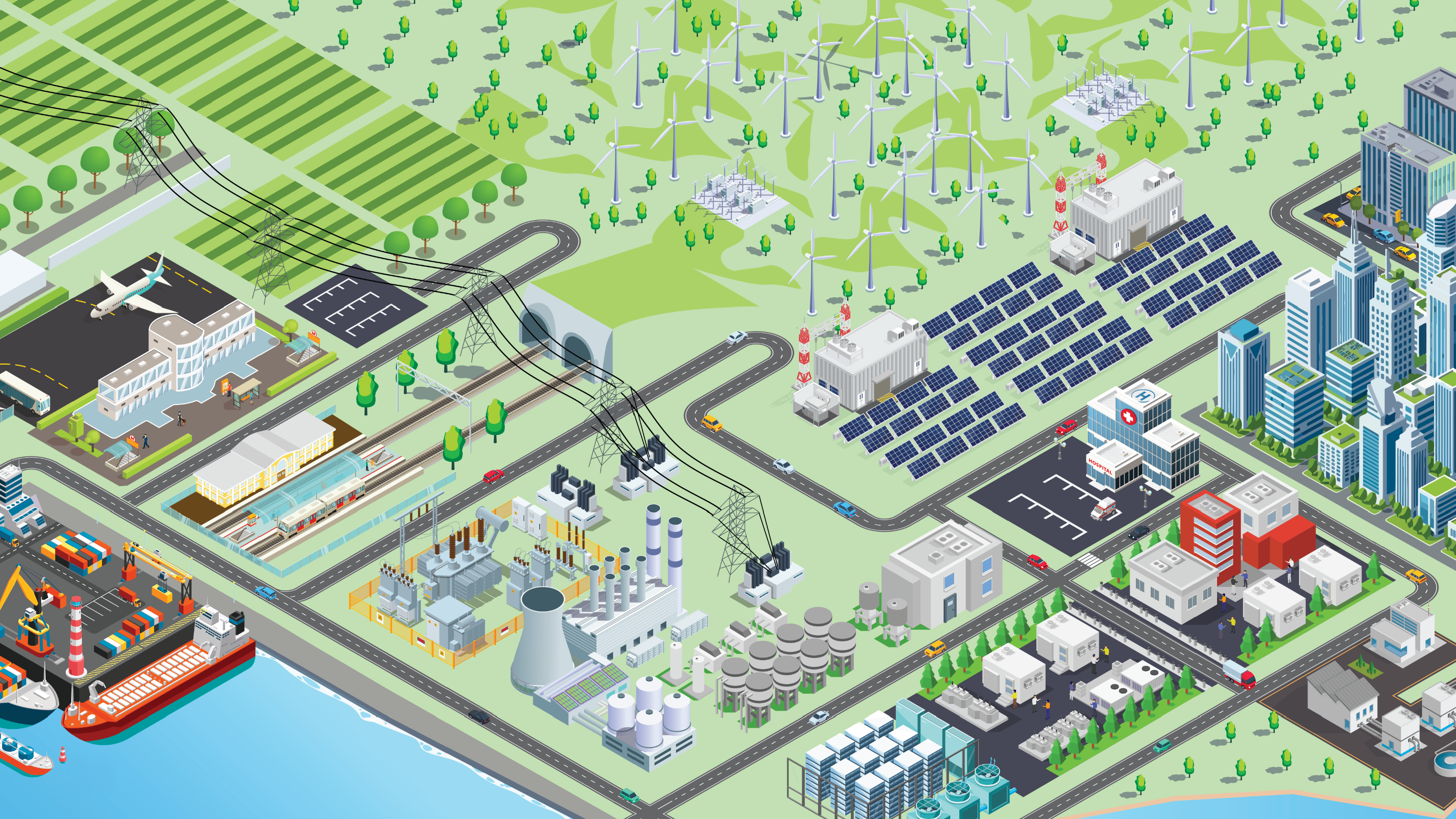 Isometric smart city with renewable energy infrastructure
