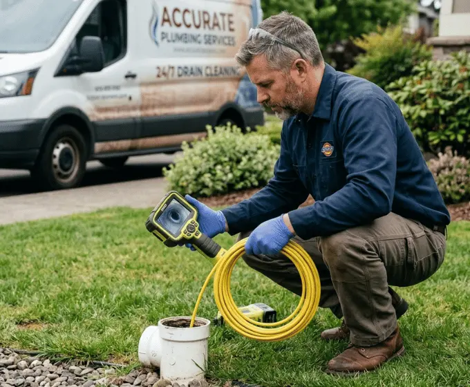 Plumber inspecting a sewer cleanout to prevent backups