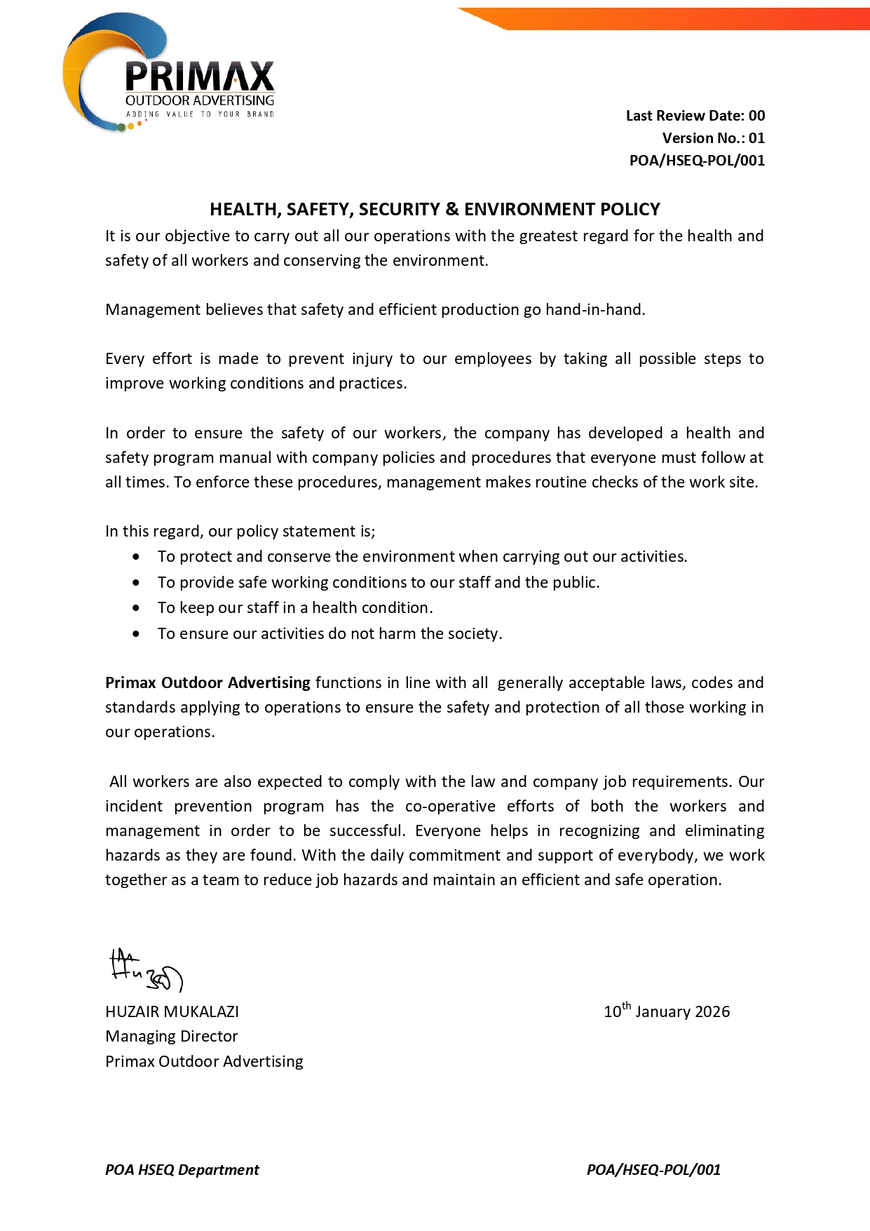 Health, Safety, Security & Environment Policy — POA/HSEQ-POL/001