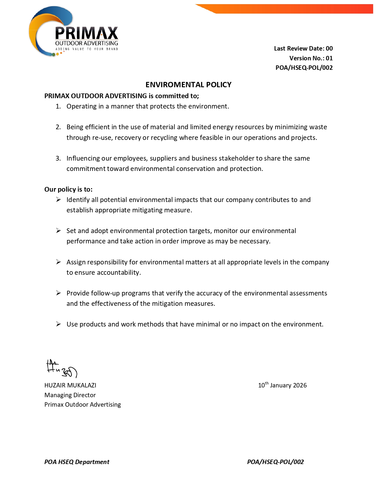 Environmental Policy — POA/HSEQ-POL/002