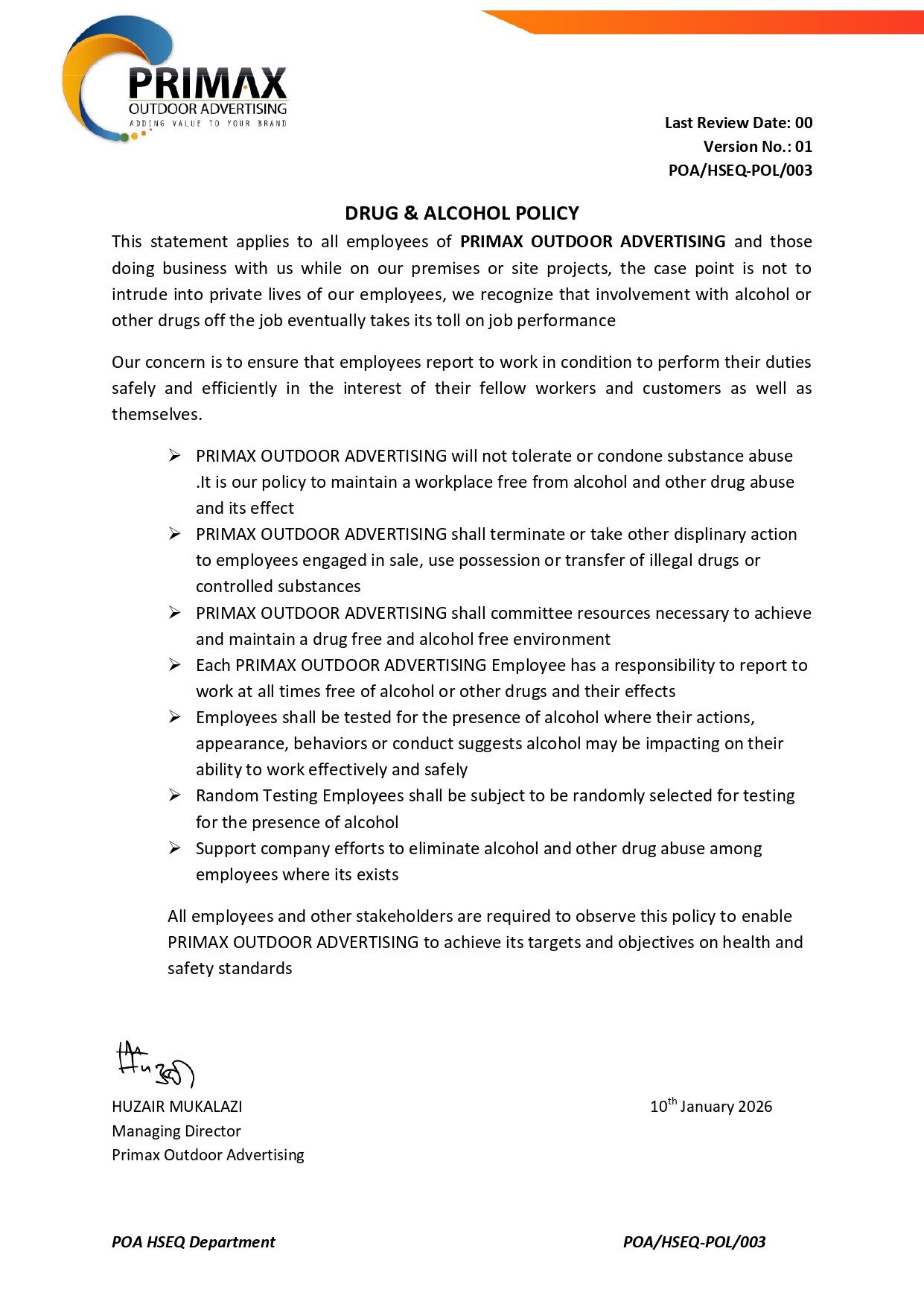 Drug & Alcohol Policy — POA/HSEQ-POL/003