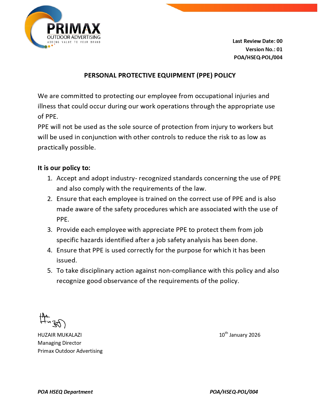 Personal Protective Equipment (PPE) Policy — POA/HSEQ-POL/004