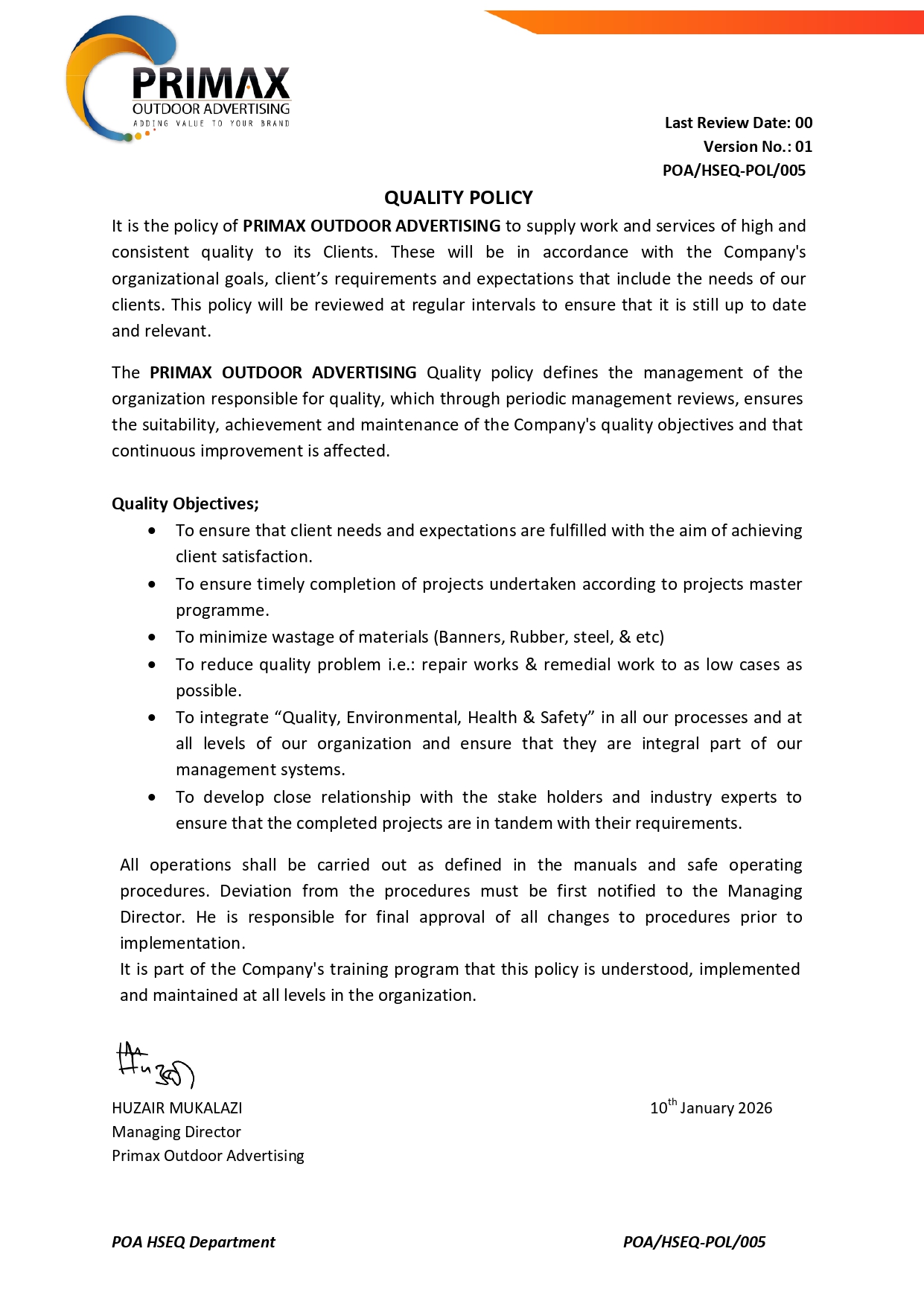 Quality Policy — POA/HSEQ-POL/005