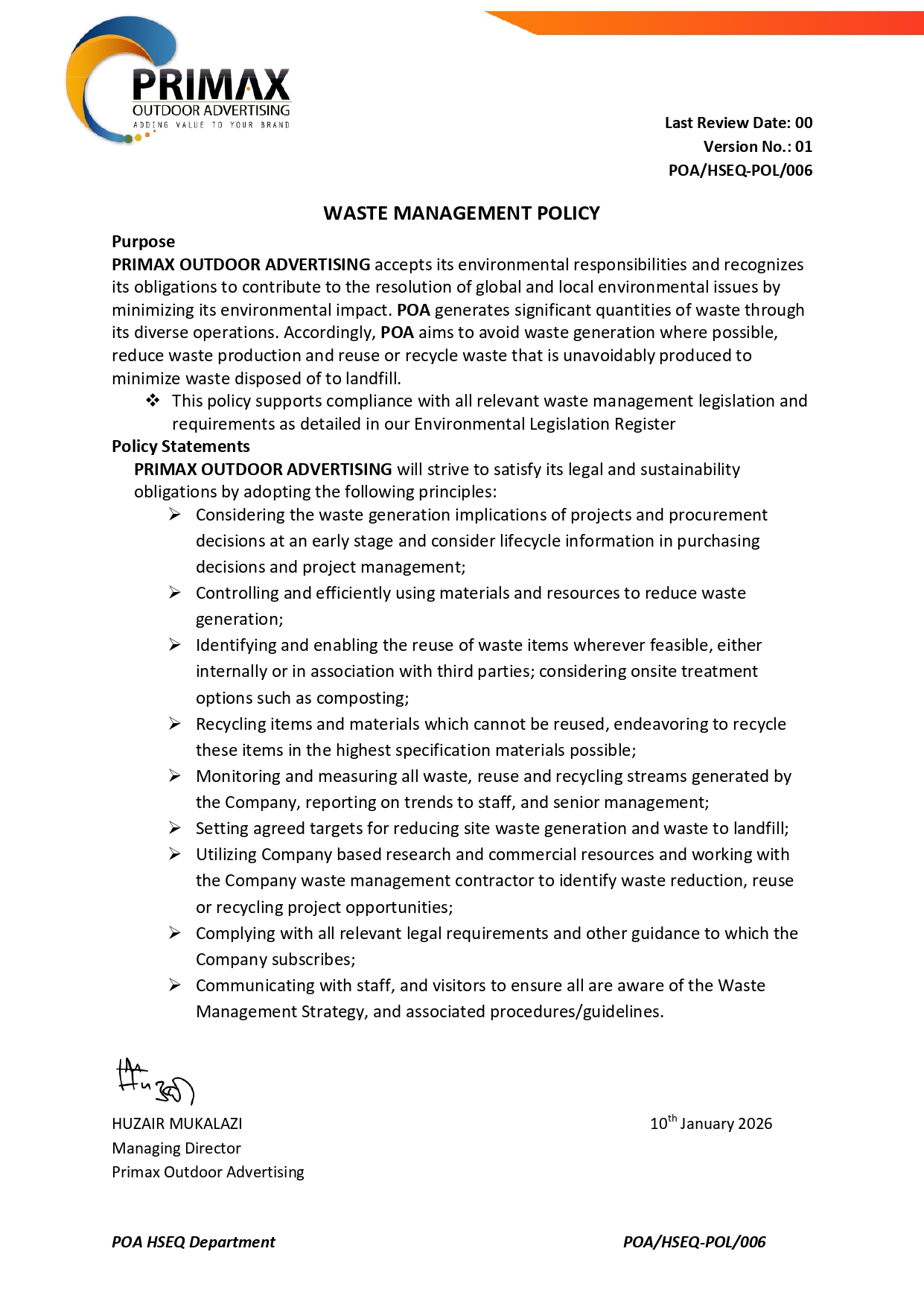 Waste Management Policy — POA/HSEQ-POL/006