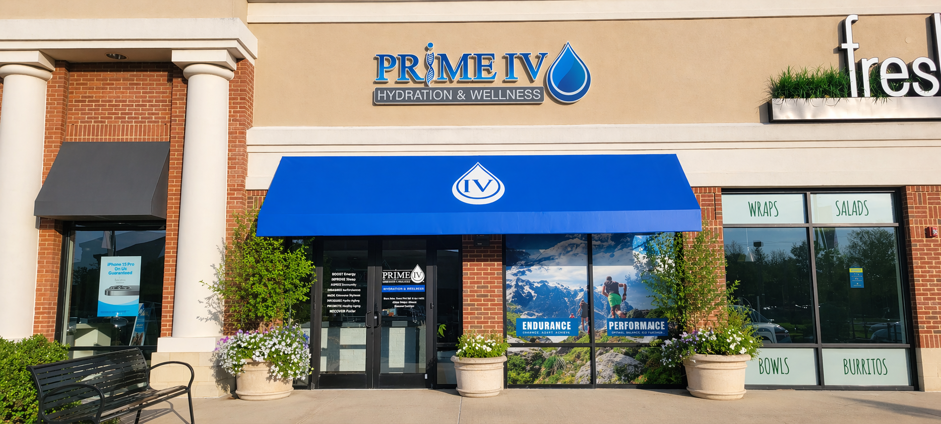 The Prime IV Hydration & Wellness storefront in Flemington, NJ with its blue awning and signage