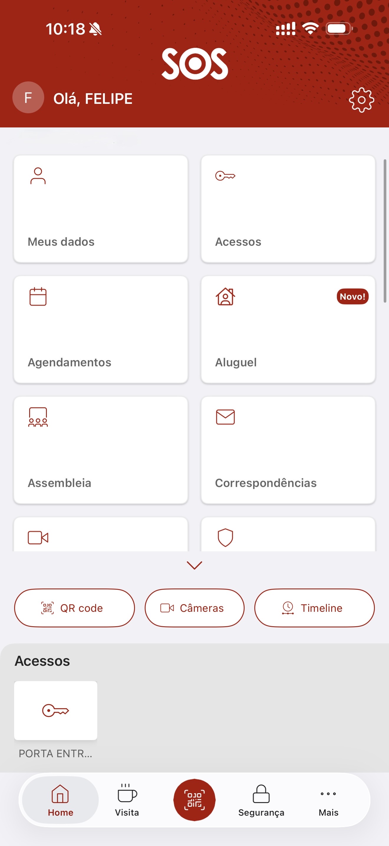 Tela inicial do App SOS Virtual mostrando funcionalidades como Meus dados, Acessos, Agendamentos e mais