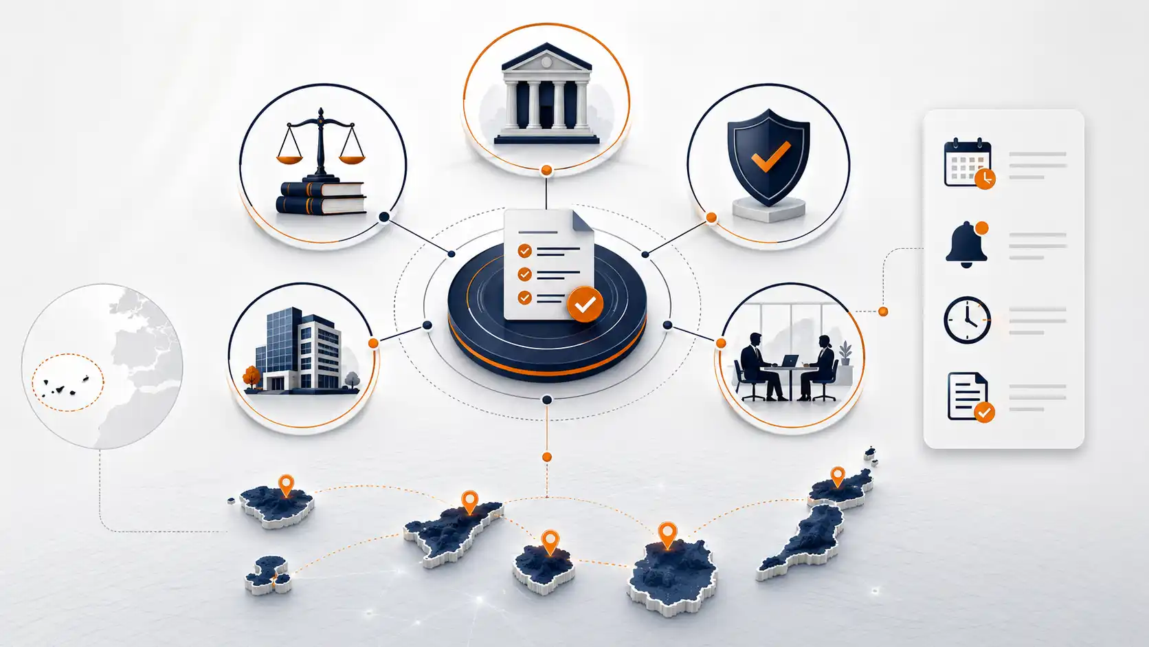 Esquema de procura B2B en Canarias con un nodo central conectado a despachos, empresas, entidades financieras, aseguradoras y departamentos jurídicos.