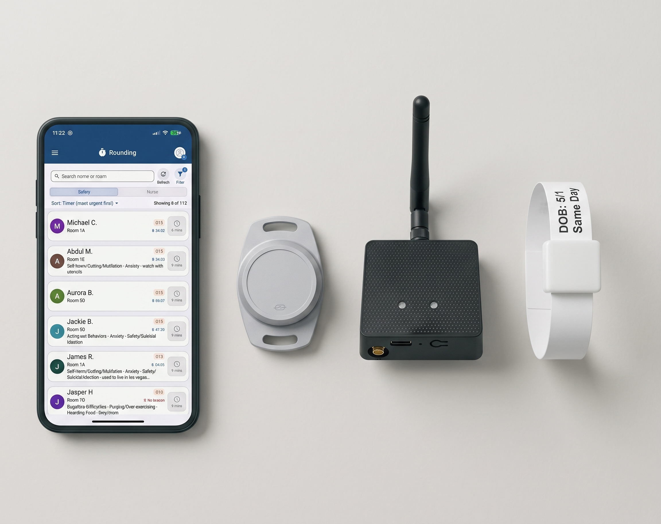 The VisibleHand hardware lineup: the Rounding app on a phone showing a timer-sorted patient safety list, a wall-mount location sensor, a wireless gateway with antenna, and a patient wristband with a clip-on beacon