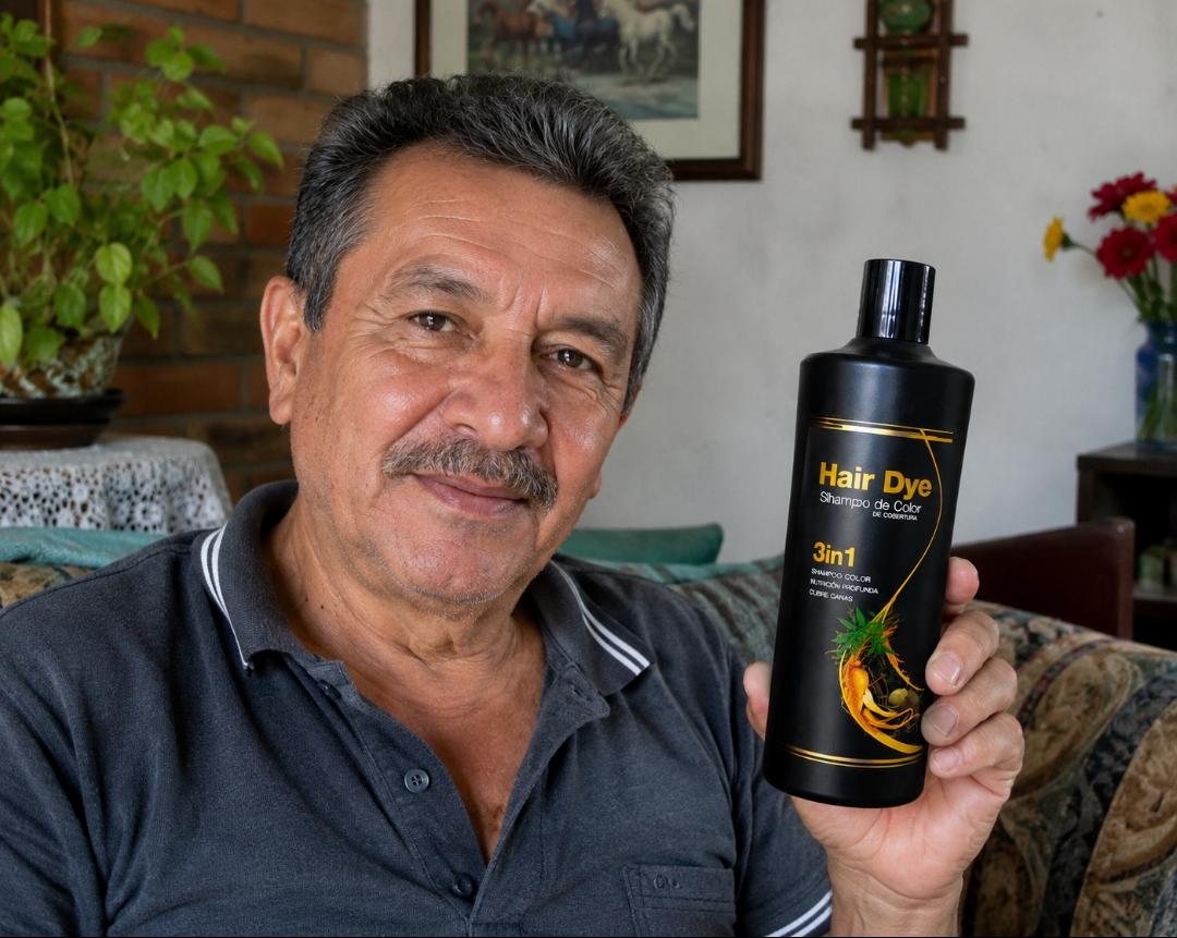 Carlos sonriendo en su sala con el shampoo Hair Dye en la mano