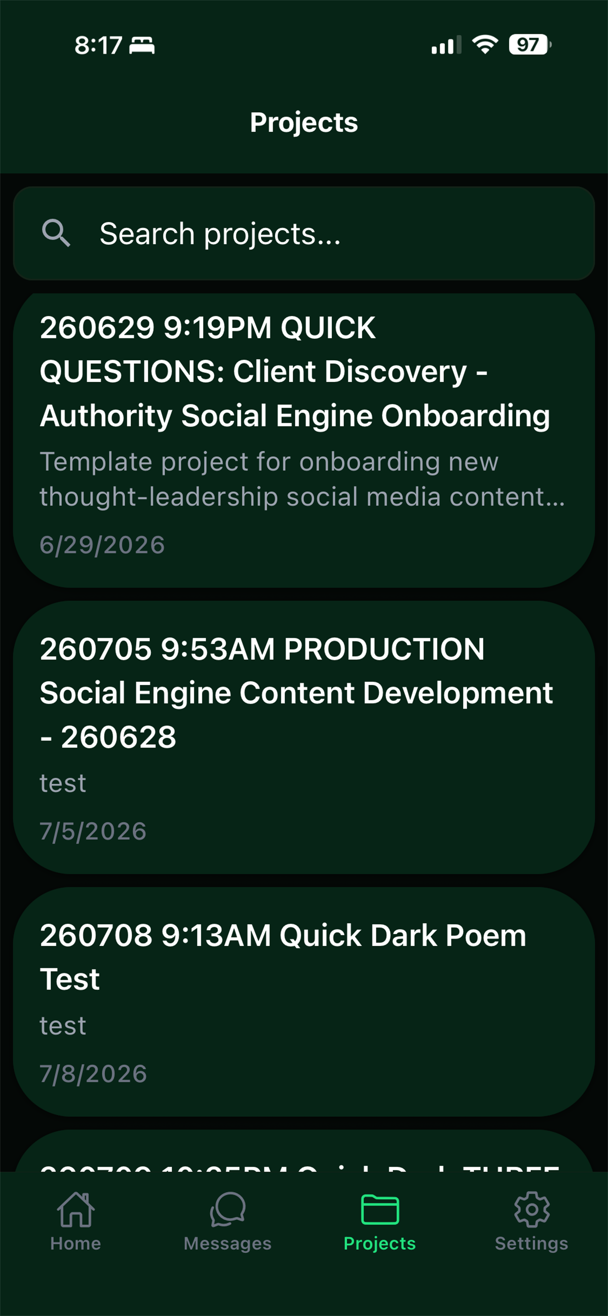 Projects list view on mobile