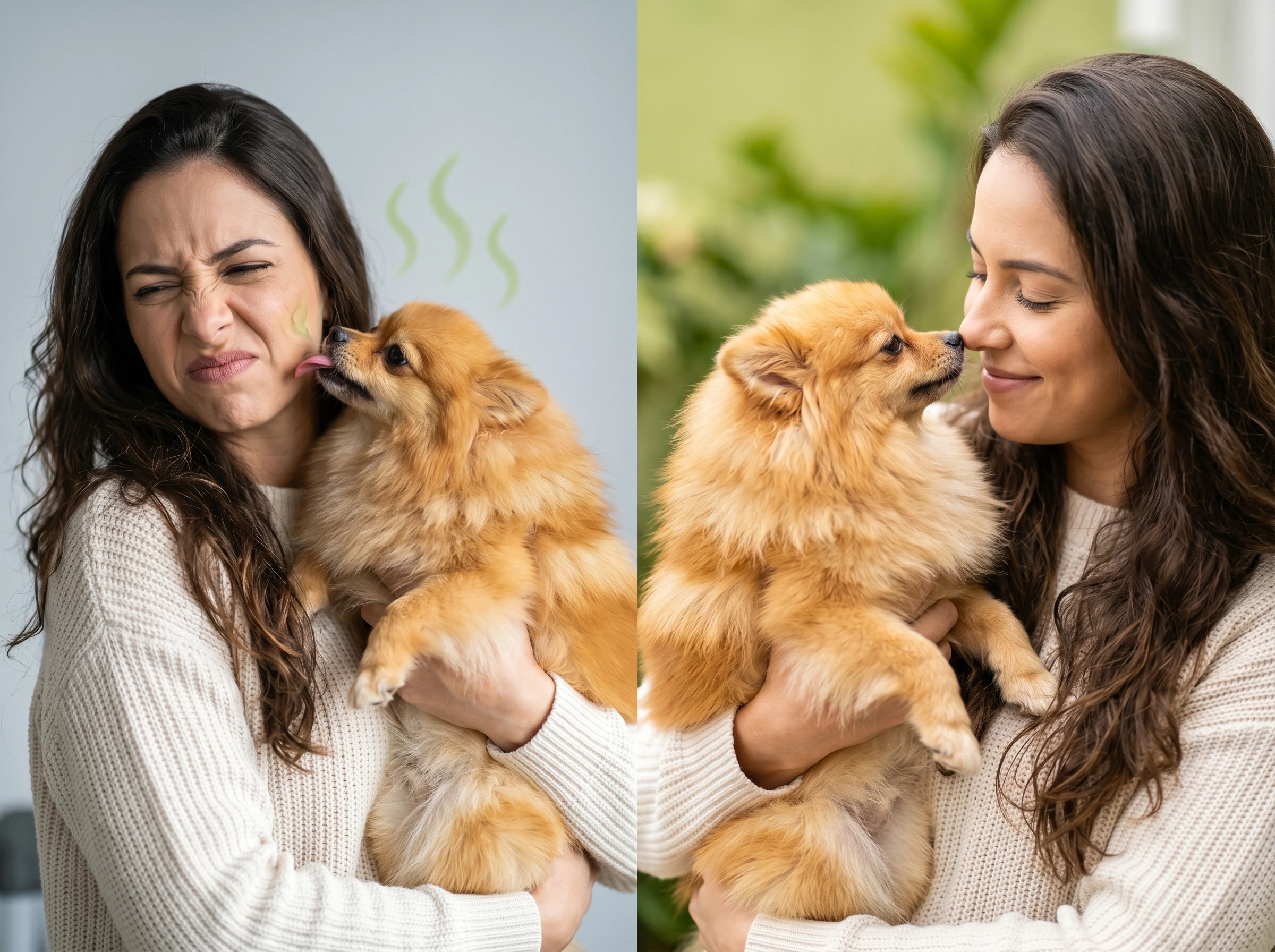 Antes e depois: tutora recebendo beijos do cachorro sem mau hálito.