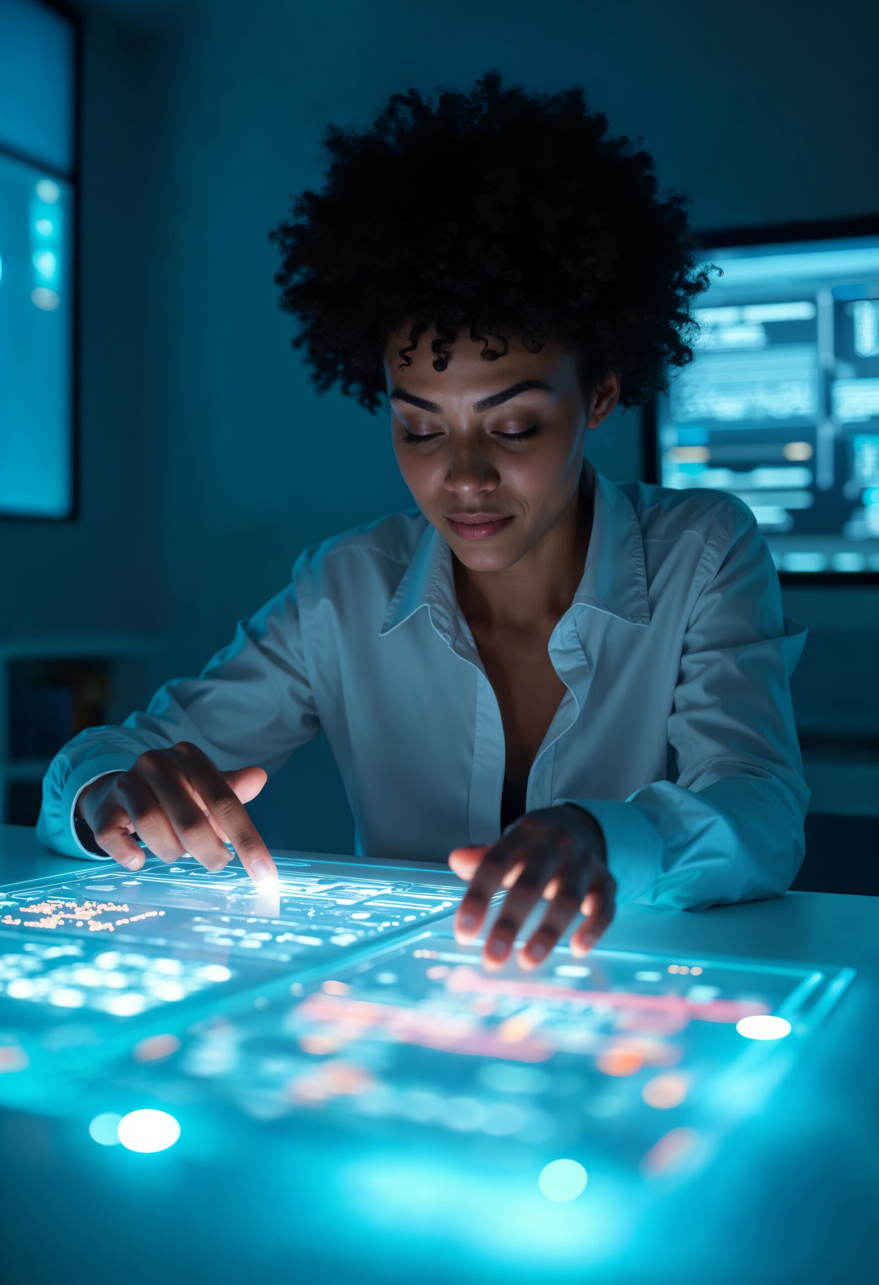 Professional using futuristic holographic interface for data analysis