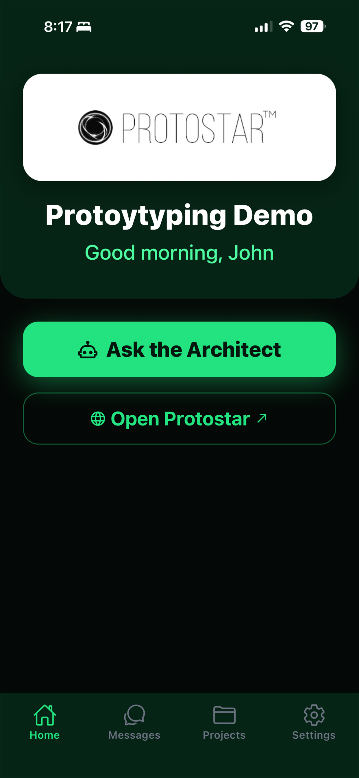 Protostar app home screen showing AI Architect interface