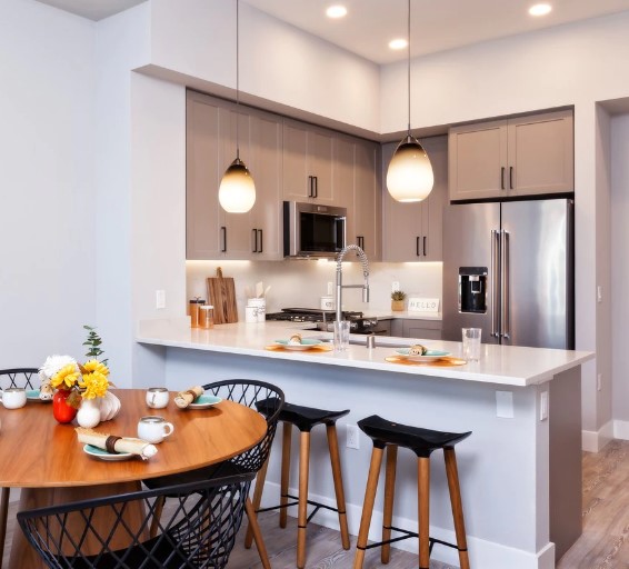 Public Market — Stone gray & taupe, wood dining nook