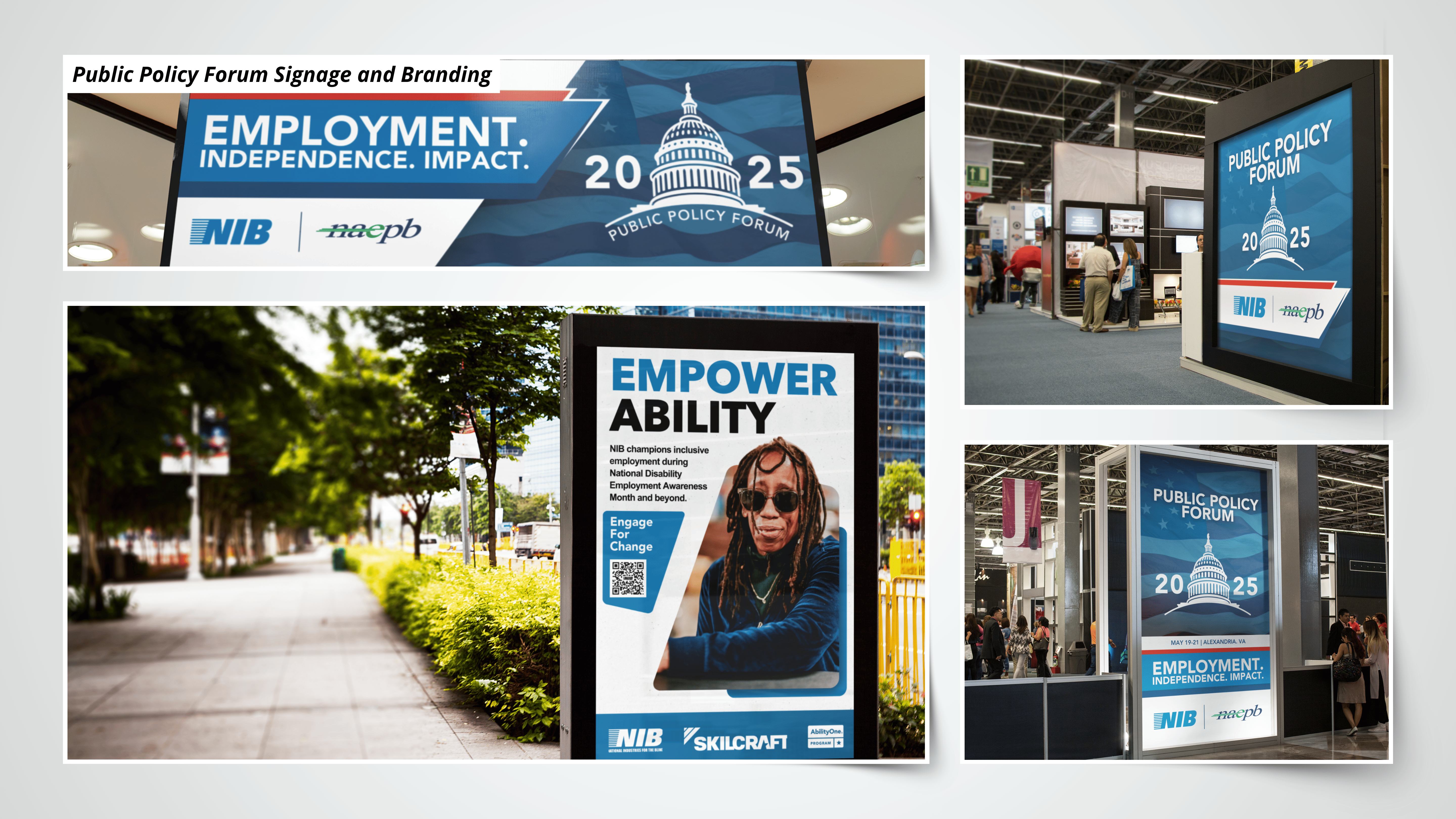 Public Policy Forum environmental signage mockups on outdoor billboards and expo booth digital screens