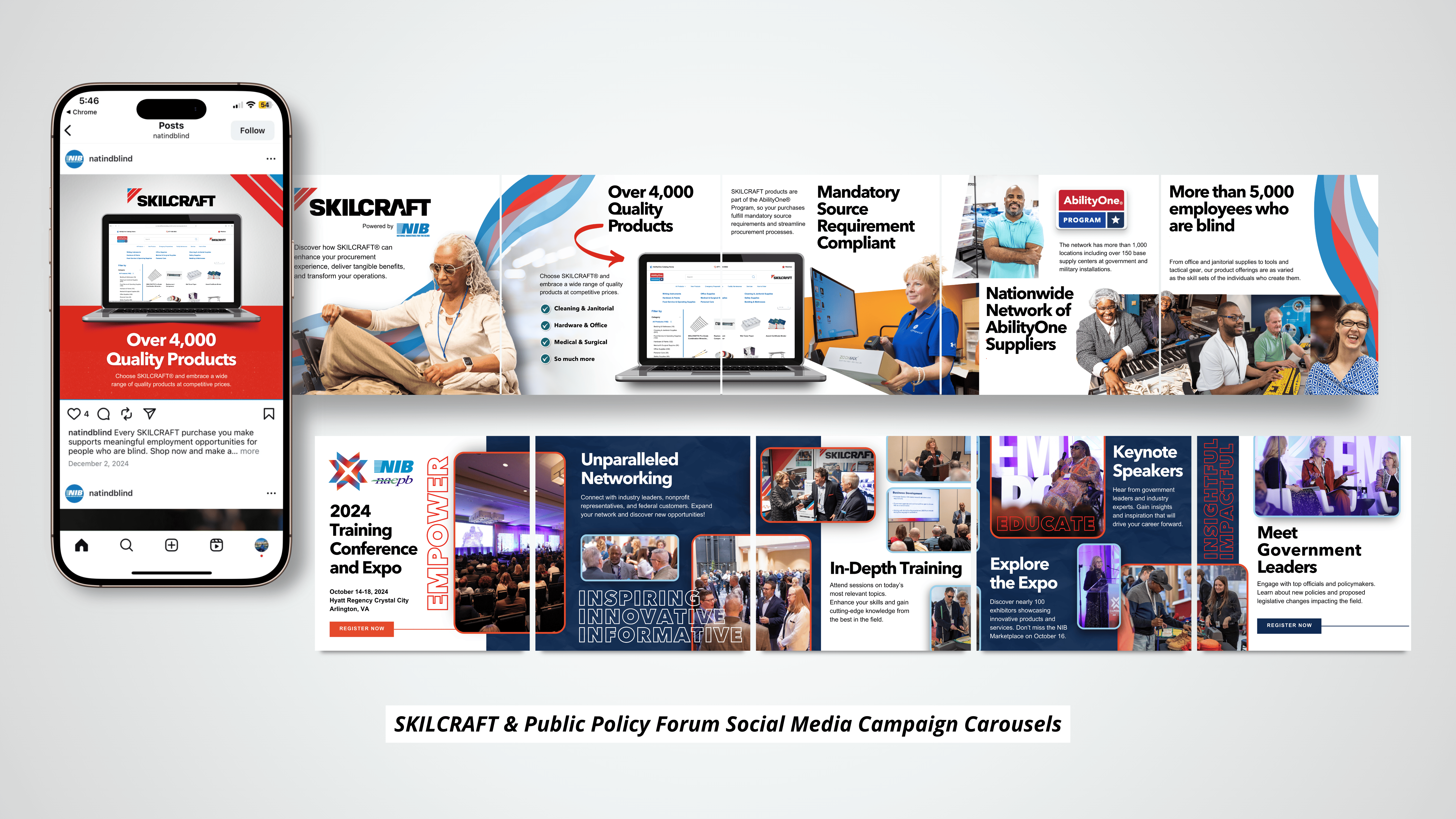 SKILCRAFT product carousel and Training Conference promotional slides with Instagram mobile mockup