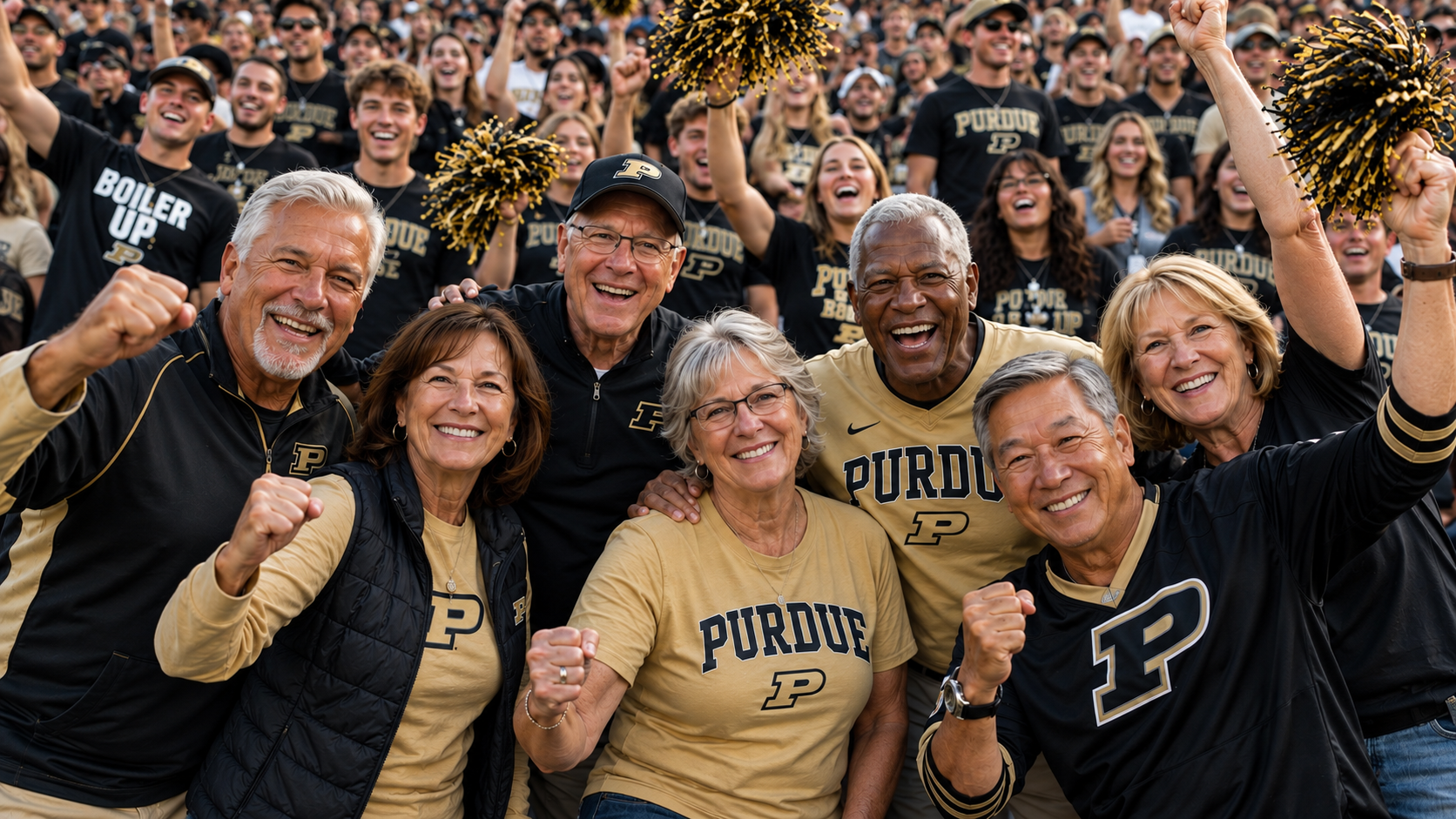 Purdue fans of all ages cheering in the stadium stands on game day