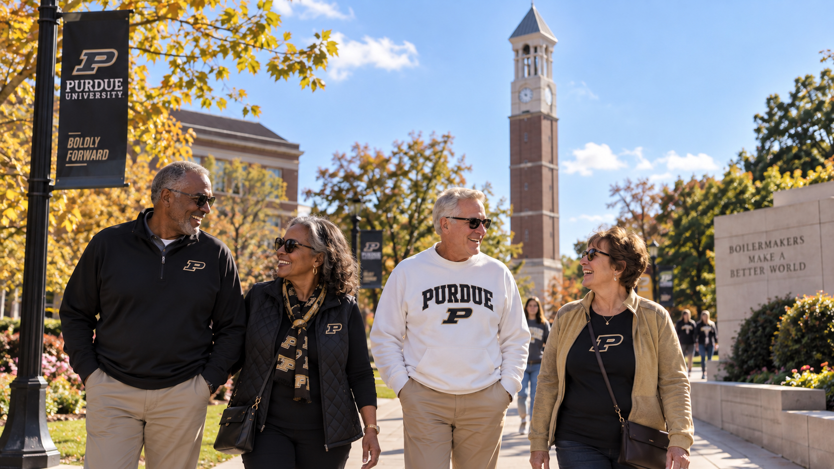 Four active adults in Purdue apparel walking and laughing together on a sunny autumn campus path beneath the Purdue bell tower