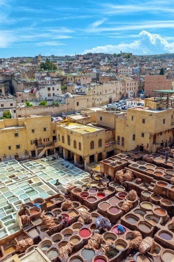 Historic Fes leather tanneries and medina rooftops