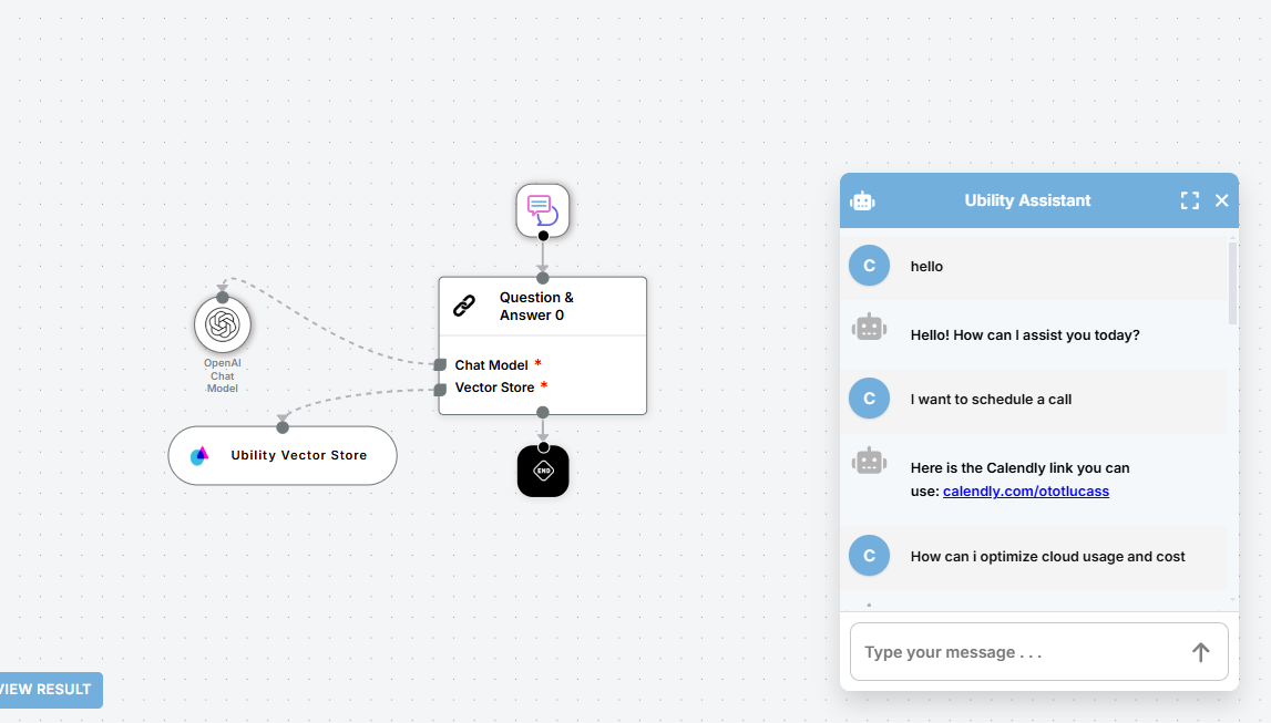 RAG workflow diagram showing connection between OpenAI Chat Model, Ubility Vector Store, and Q&A interface