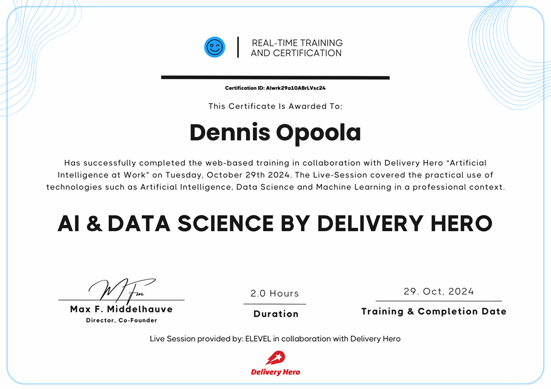 AI & Data Science by Delivery Hero certificate