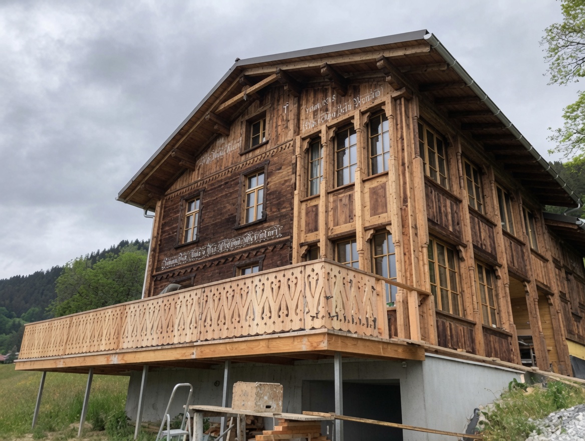 Traditional Alpine wooden chalet with intricate carved details and handcrafted balcony railings under renovation