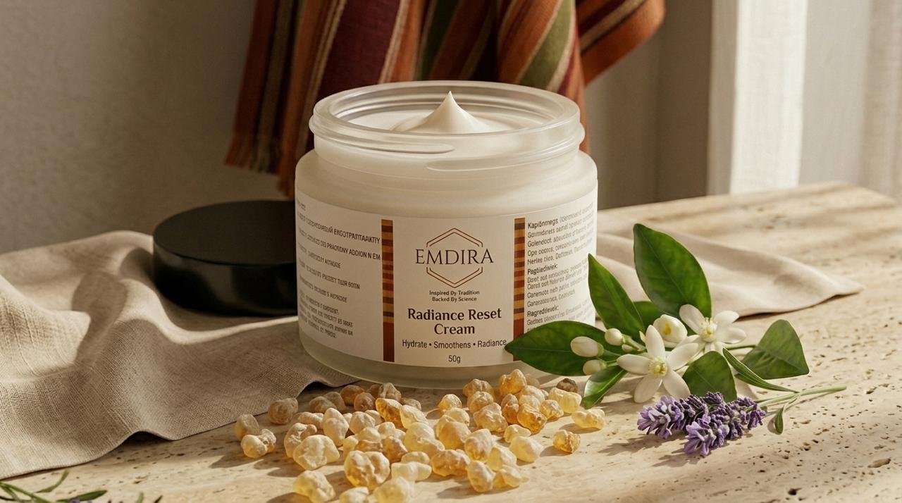 EMDIRA Radiance Reset Cream jar on a warm linen still life
