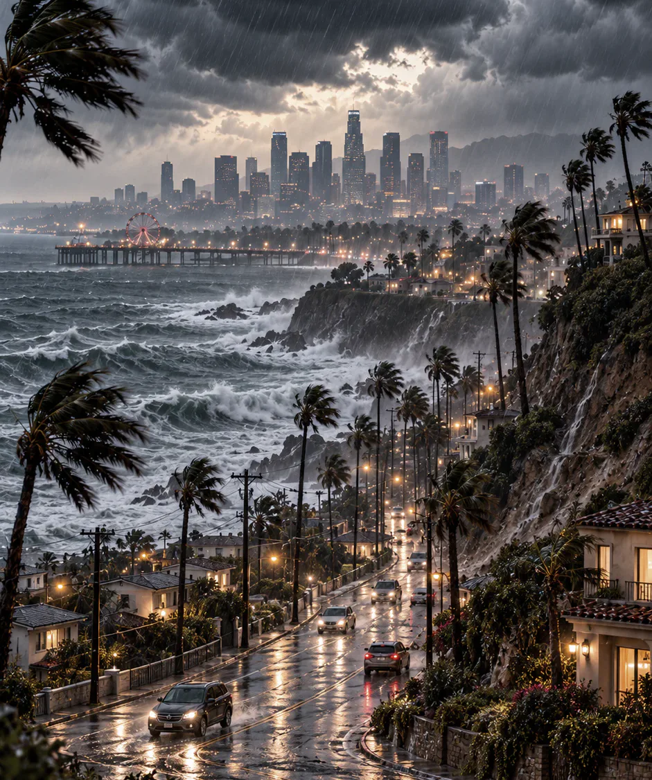 Rain falling over the Los Angeles coastline at dusk