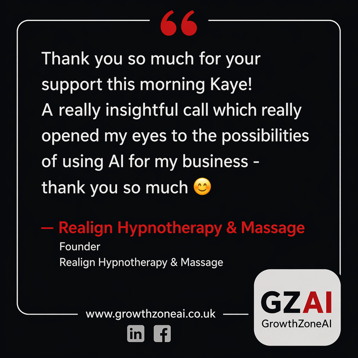 Testimonial from Realign Hypnotherapy & Massage for GrowthZone AI