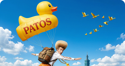 PATOS balloon floating over a city with ducks flying in formation