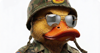 Close up of the PATOS military duck wearing aviators and a camo helmet