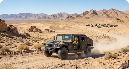 Military humvee driving through a desert