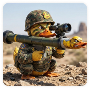 Camo duck kneeling with rocket launcher in desert