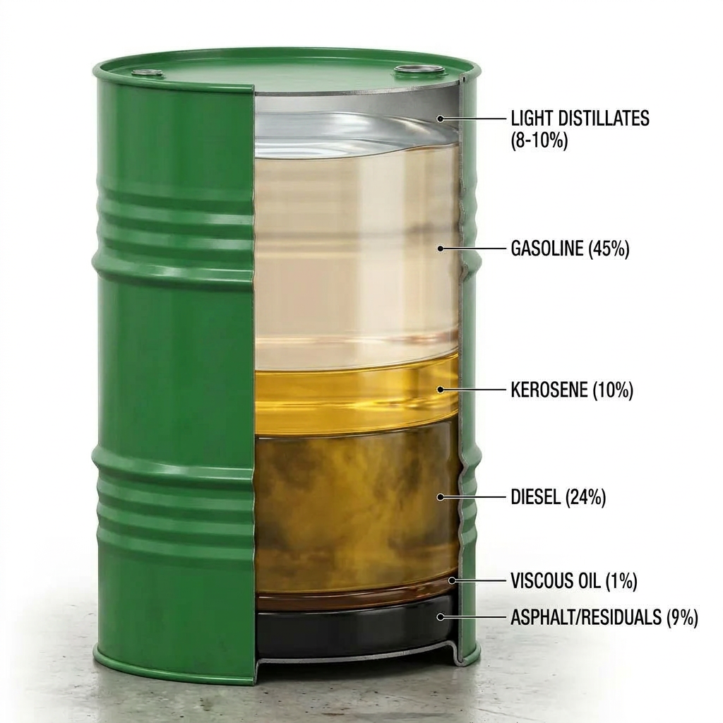 Refined Products Drum Cut Away showing petroleum product breakdown: Light Distillates 8-10%, Gasoline 45%, Kerosene 10%, Diesel 24%, Viscous Oil 1%, Asphalt/Residuals 9%