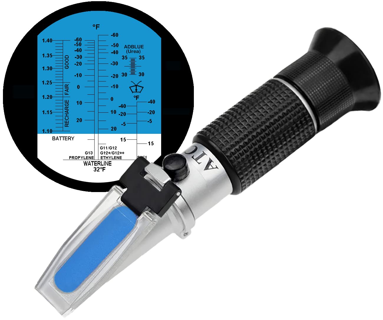 Handheld refractometer with eyepiece showing measurement scales for battery fluid, antifreeze (propylene and ethylene glycol), and DEF/AdBlue urea concentration