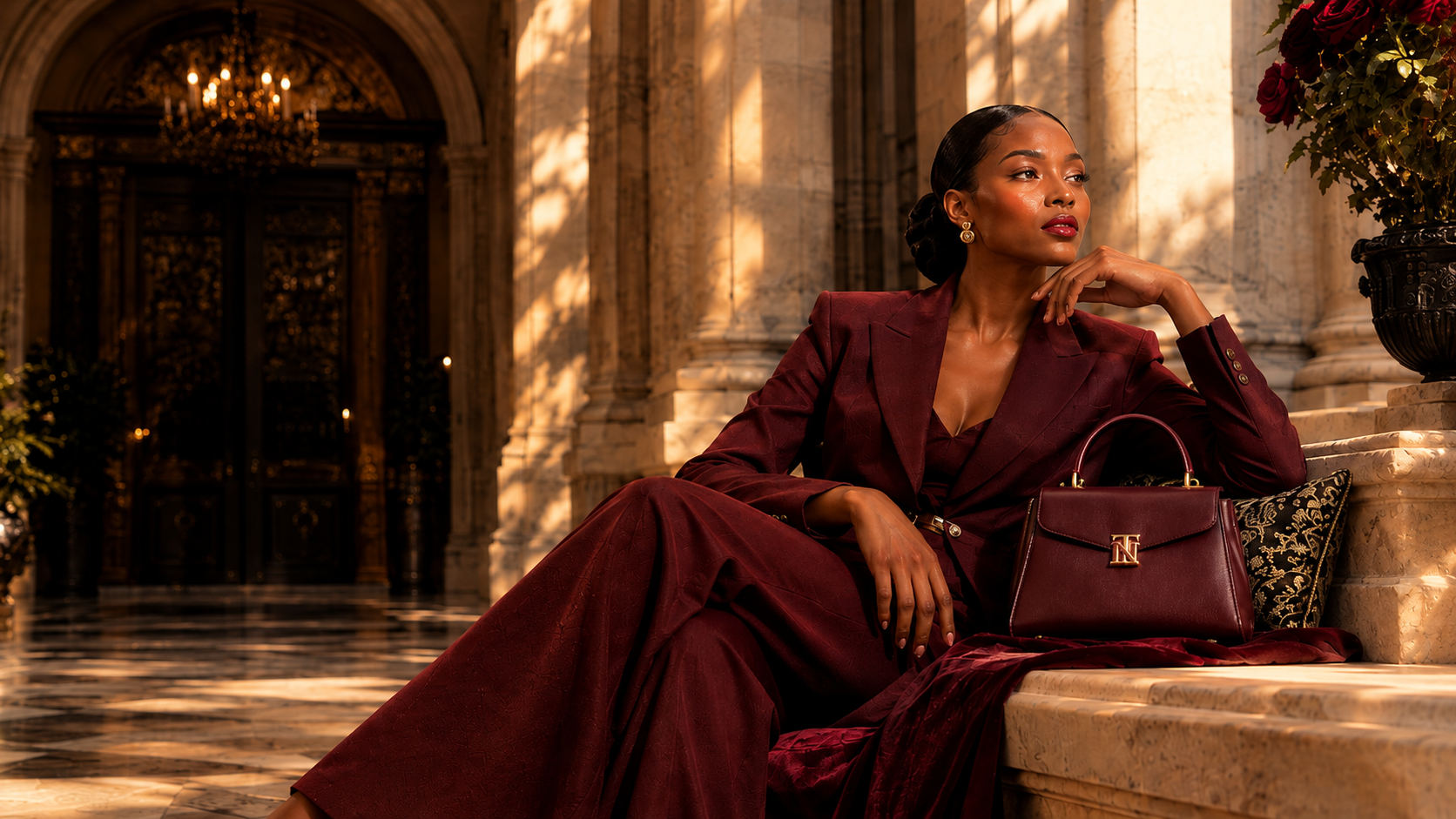 Burgundy tailored suit in a sunlit stone setting