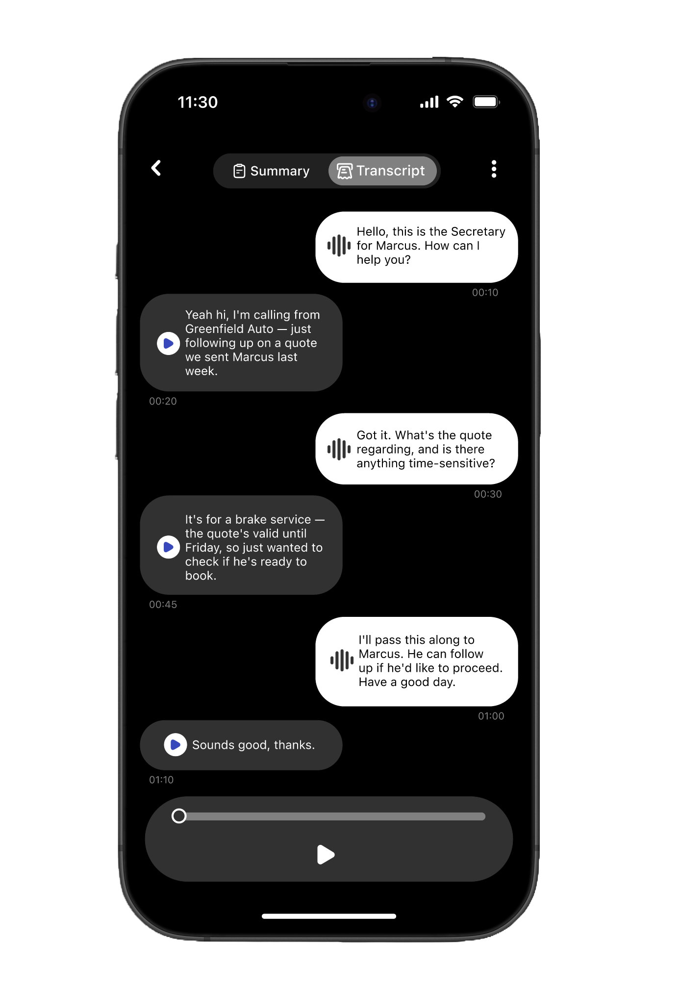 Transcript view showing the chat-bubble style conversation between the Secretary Agent and the caller with audio playback