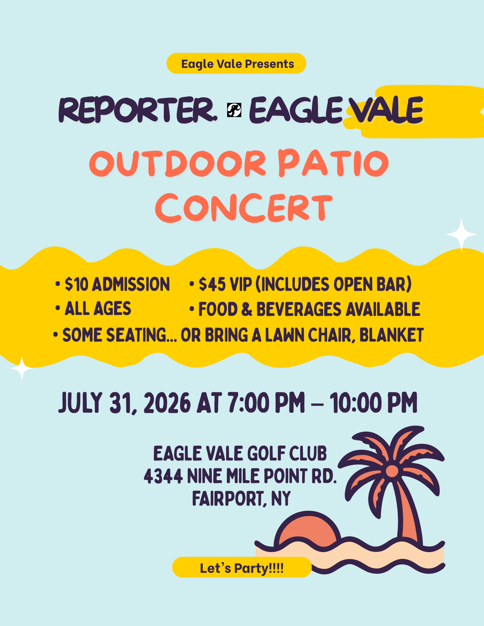 Eagle Vale Presents REPORTER — Outdoor Patio Concert, July 31, 2026, 7PM–10PM, $10 admission / $45 VIP, Eagle Vale Golf Club