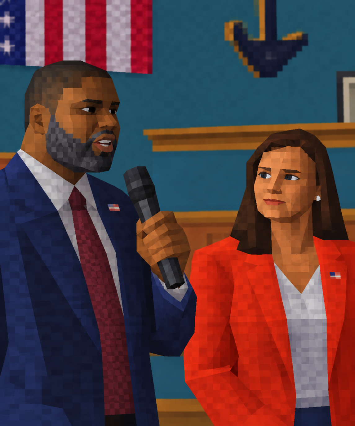 Low-poly PS1-style scene in a civic hall: a bearded man in a navy suit and red tie speaks into a microphone beneath an American flag while a woman in a red blazer looks on.