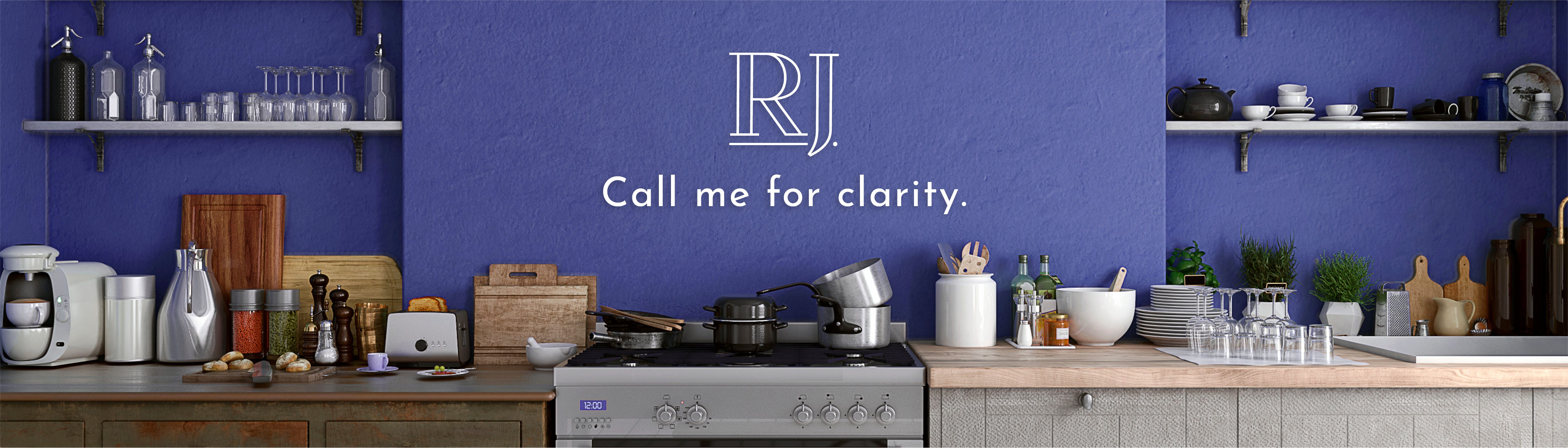 Rob Jakab kitchen banner with RJ logo and the words Call me for clarity