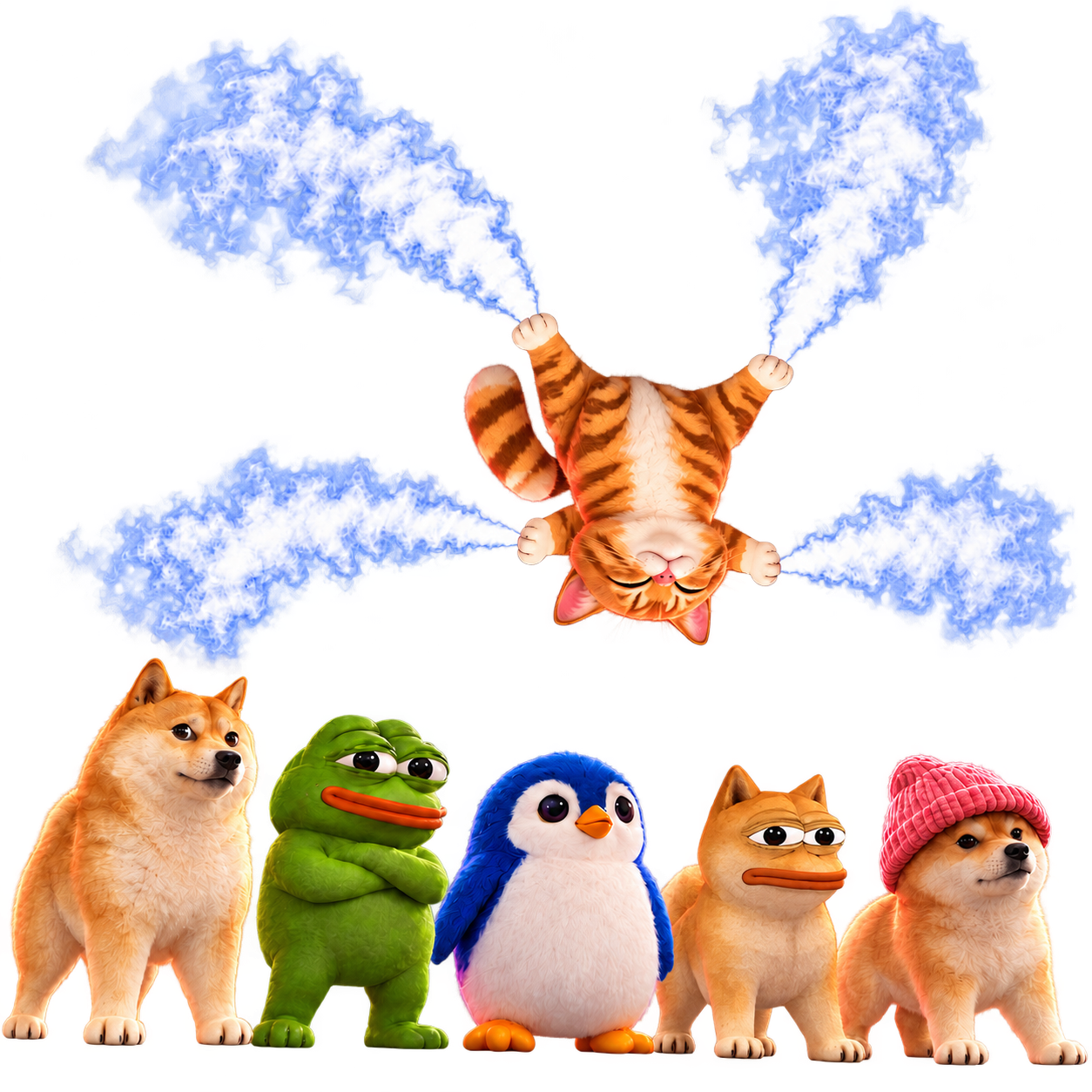 Flyingcate and the meme crew, with blue-white jet smoke streaming from the flying cat’s paws.