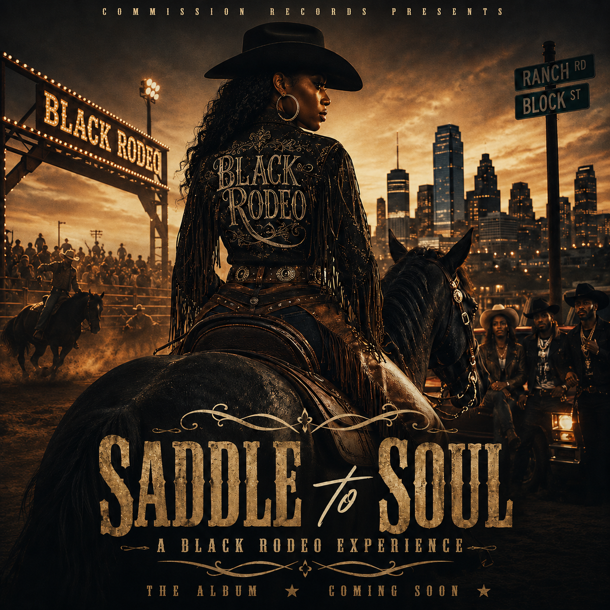 Saddle To Soul - A Black Rodeo Experience compilation album cover from Commission Records, a woman in a black cowboy hat and fringed BLACK RODEO jacket riding a black horse at a rodeo at sunset, with a lit BLACK RODEO archway, cowboys on horseback, Ranch Rd and Block St street signs, and a city skyline, with distressed-gold western SADDLE to SOUL lettering