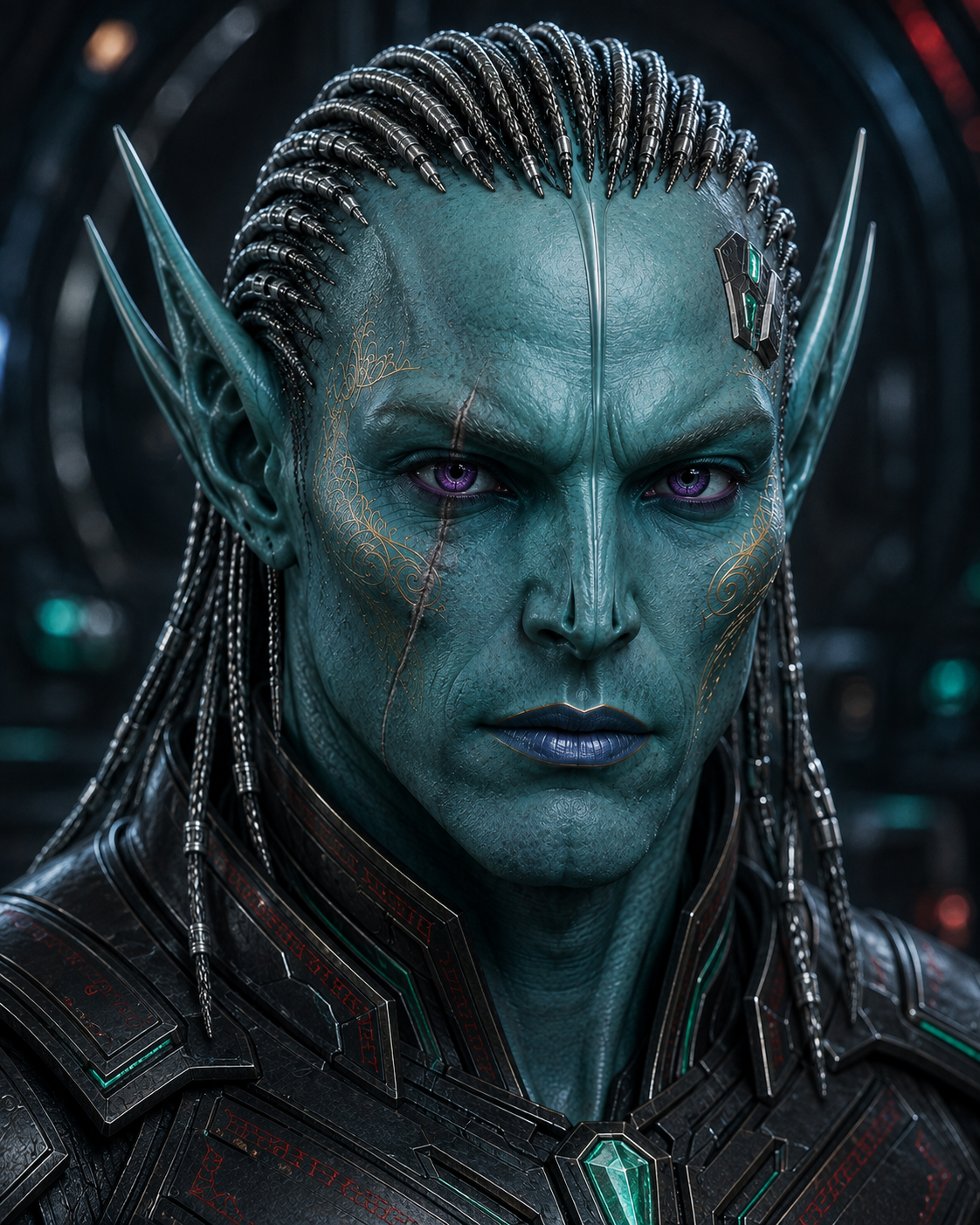 Portrait of Rongir Yur, a Gamaen commander with deep cadet-blue skin, pointed ears, purple eyes, and golden bioluminescent swirl markings across his cheeks. He has steel-coloured metallic braids, a vertical scar on his left cheek, a cybernetic implant over his right temple, and wears charcoal-black Kodon armor etched with crimson runes and emerald-green accents.